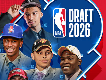Collage of five young men (Victor Wembanyama, Shai Gilgeous-Alexander, Stephen Curry, Kevin Durant, and LeBron James) in caps on an NBA Draft 2026 poster, with The Future Starts Here and Disney+ on red and blue background.