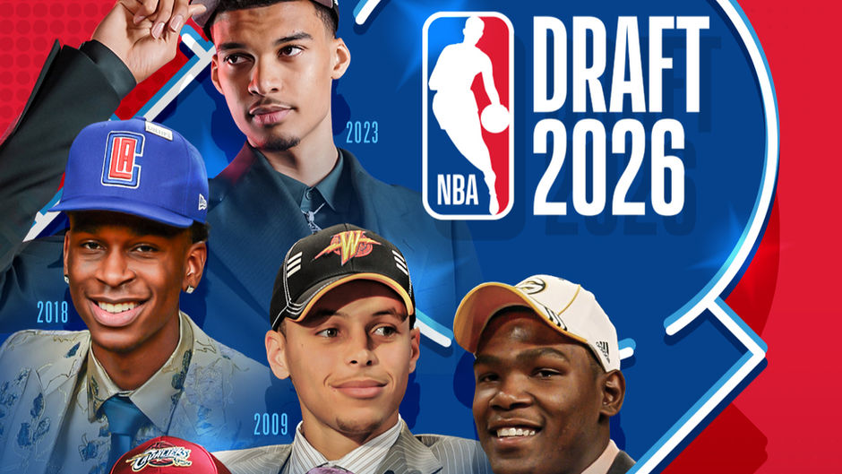 Collage of five young men (Victor Wembanyama, Shai Gilgeous-Alexander, Stephen Curry, Kevin Durant, and LeBron James) in caps on an NBA Draft 2026 poster, with The Future Starts Here and Disney+ on red and blue background.