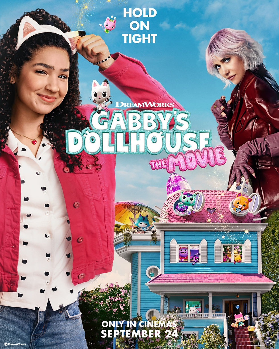 bright family poster with Gabby, cat headband, and the colorful dollhouse. Credit: Universal Pictures.