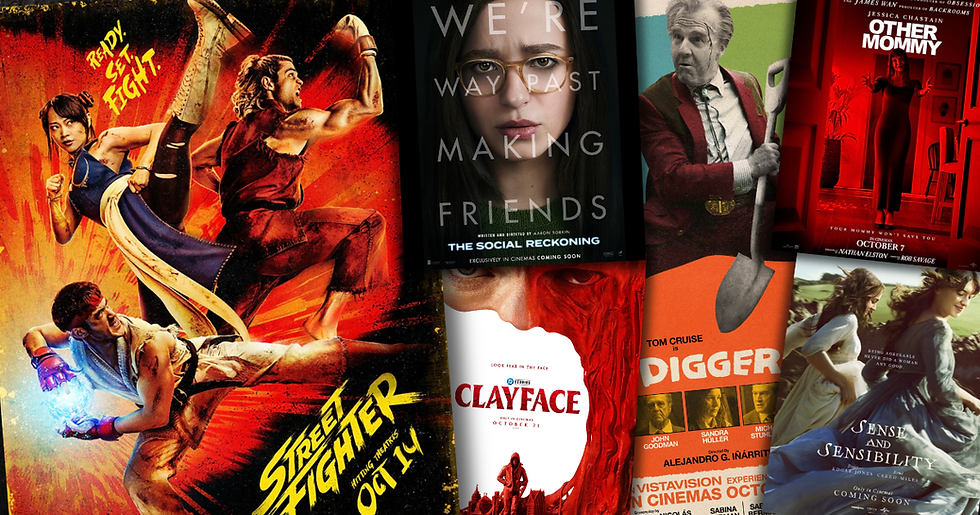 Collage of movie posters, including Street Fighter, The Social Reckoning, Clayface, Digger, Other Mommy, and Sense and Sensibility - all movies releasing October 2026 in the Philippines.