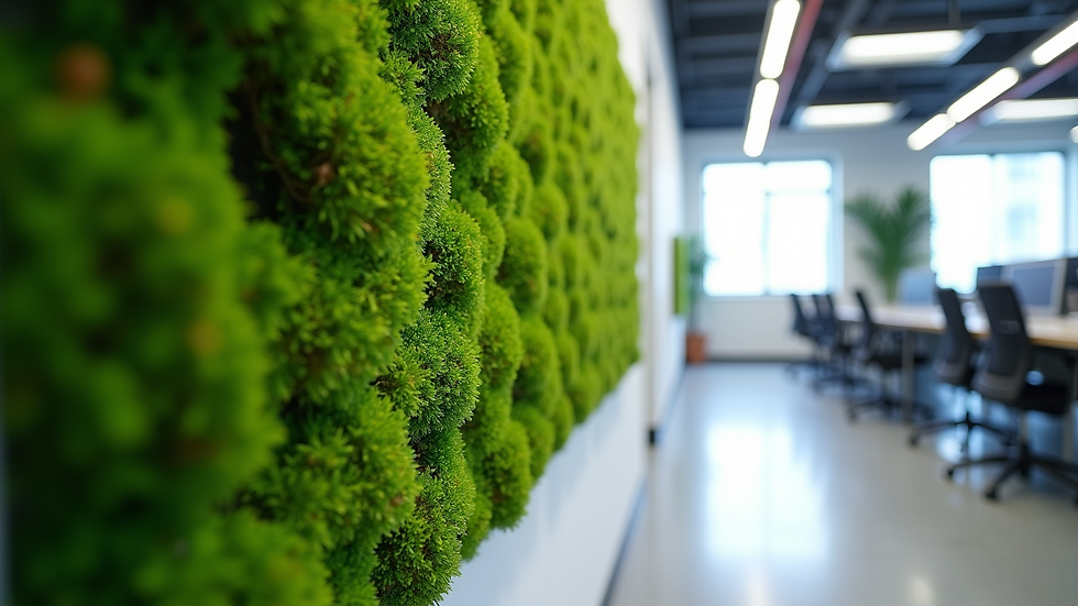 Eye-level view of a modern office wall covered with vibrant green moss