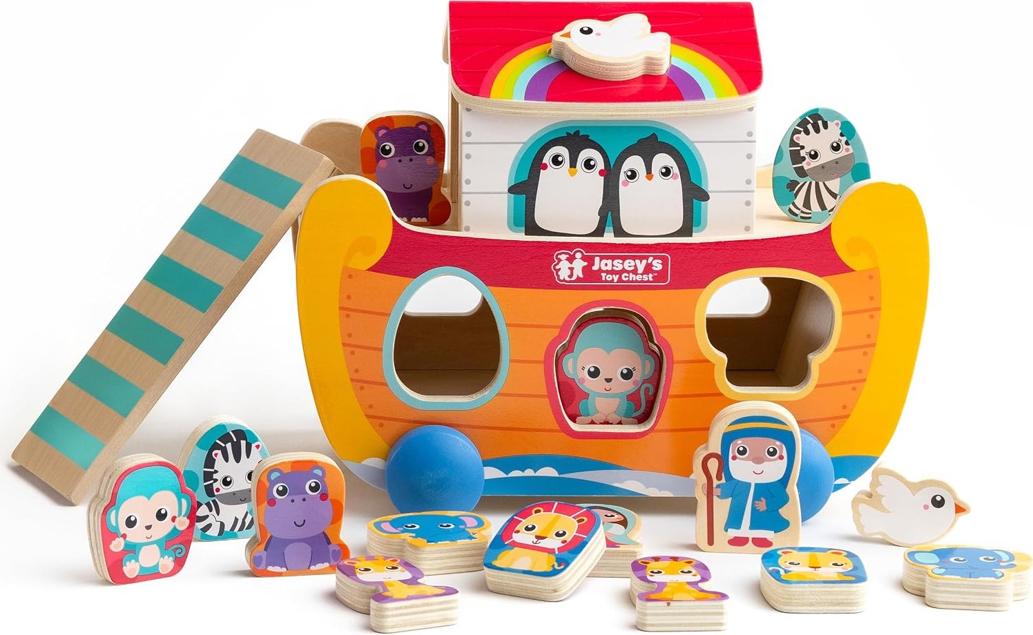Jasey's Toy Chest Noah's Ark Wooden Sort & Match | 18-Piece Shape Sorting Ark with Animal Pairs