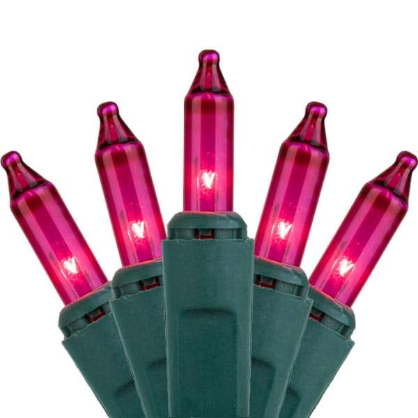 100 Pink Bulb Green Wire Mini Christmas Lights 18 Lit Feet - Hofert’s