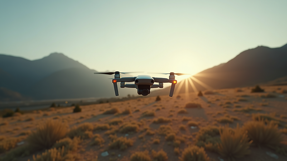 Eye-level view of a drone flying over a scenic landscape