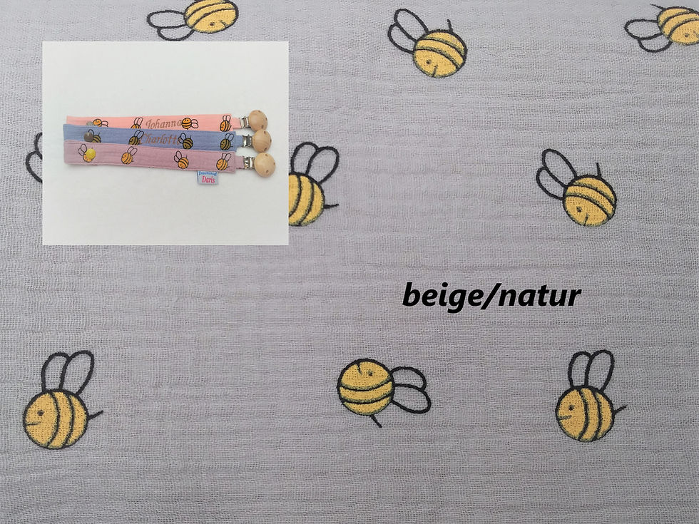 Miniaturbild: Schnullerband mit Namen aus Musselin mit Bienchen