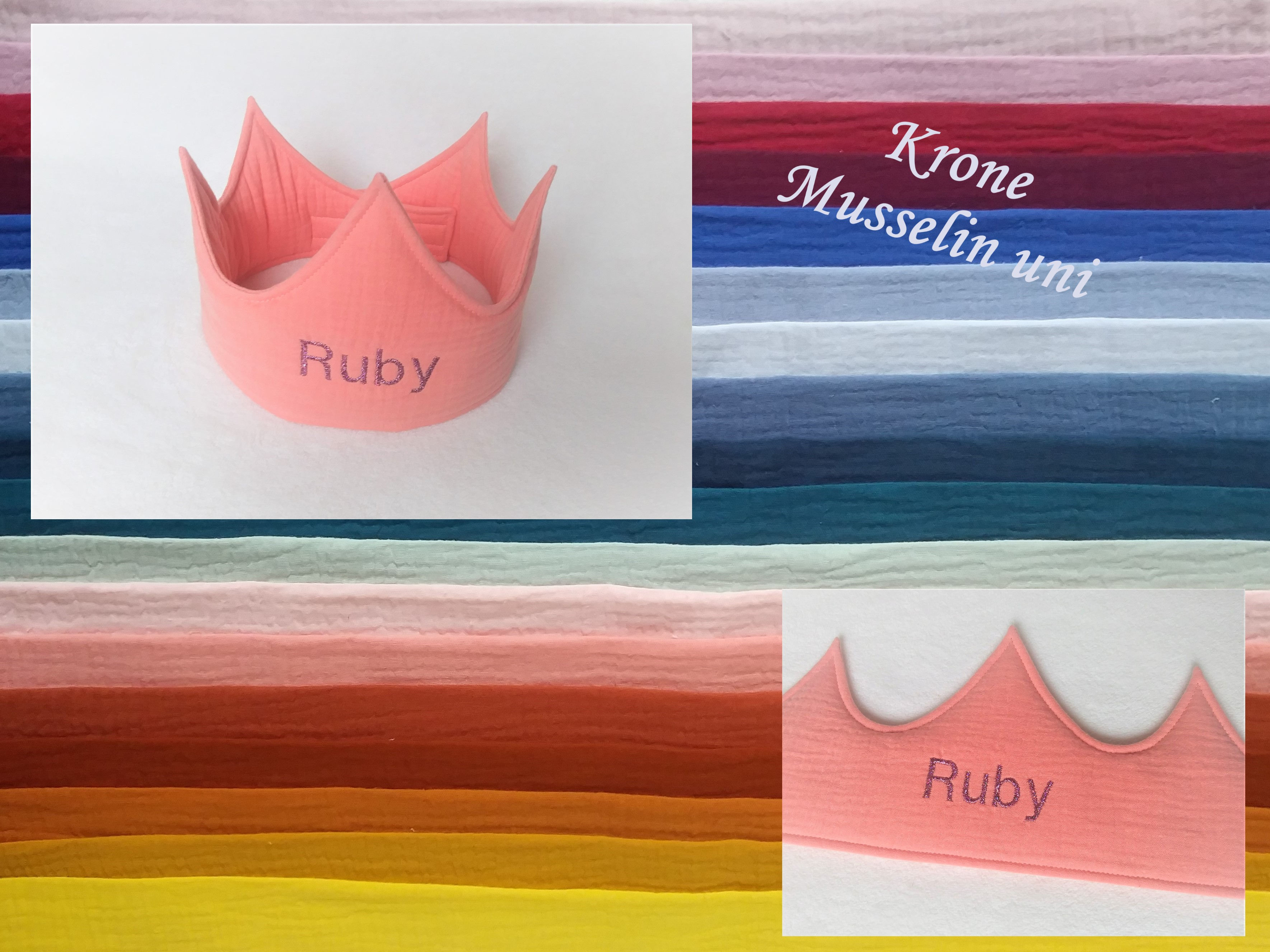Geburtstagskrone Musselin uni mit Name-verschiedene Farben