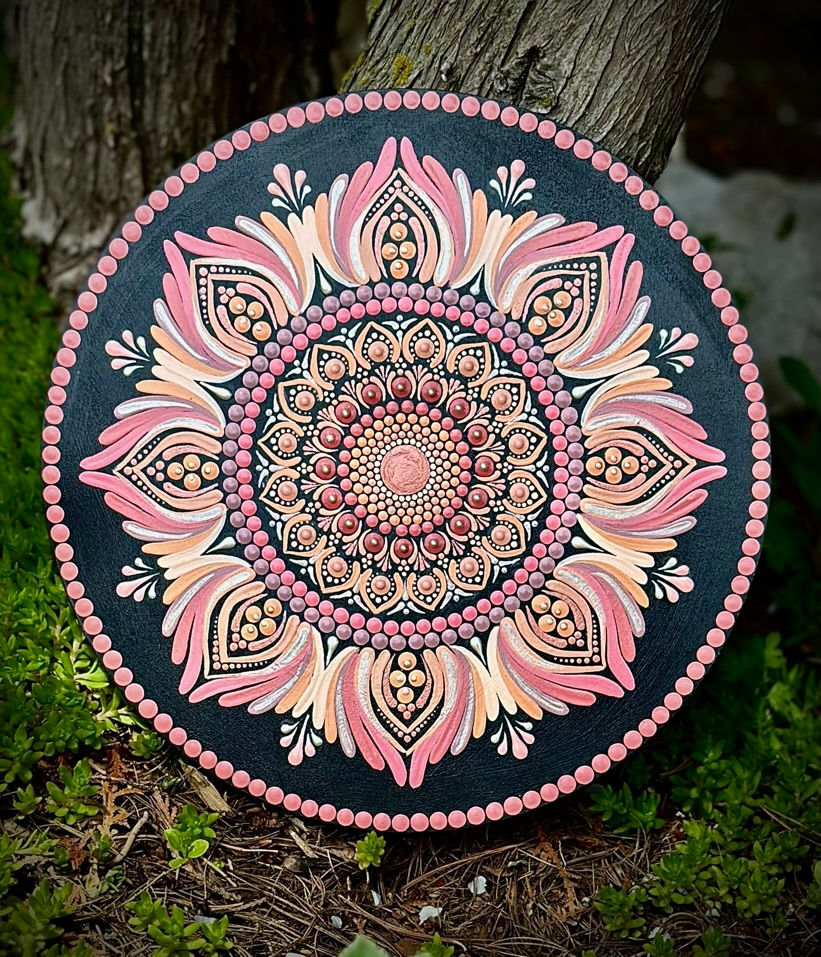 12 inch Hand Painted Mandala in Pinks on Round Wood Canvas
