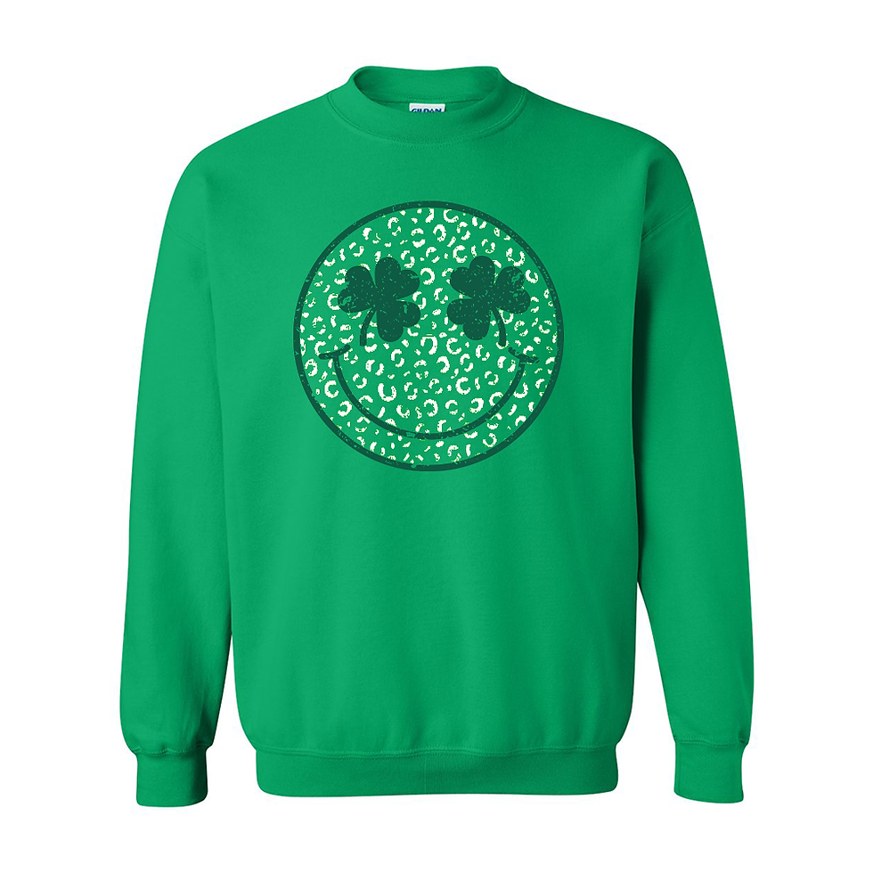 Thumbnail: St. Patrick’s Day Smiley Face Crewneck – Lucky Shamrock Eyes & Animal Print – Co