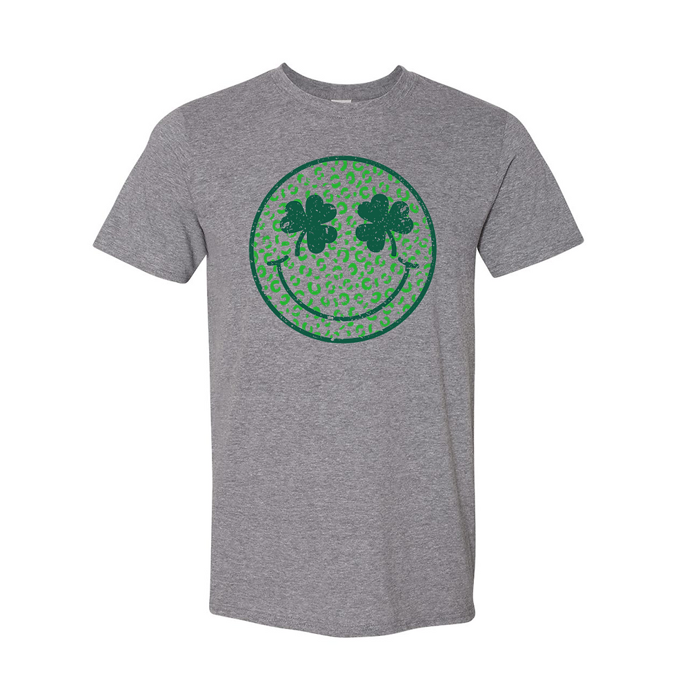 Thumbnail: St. Patrick’s Day Smiley Face Shirt – Lucky Shamrock Eyes & Animal Print – Short