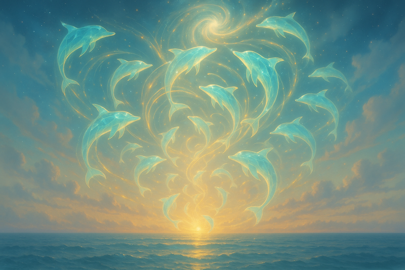 Dauphins éthériques s’élevant sur l’océan, illustrant le Voyage vibratoire des Dauphins Cosmiques