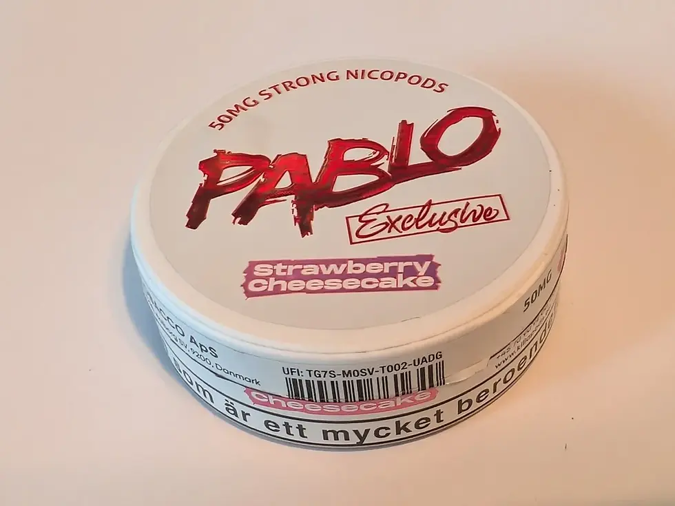 Round container of 50mg strong nicopods, labeled "Pablo Exclusive" and "Strawberry Cheesecake," on a white background.