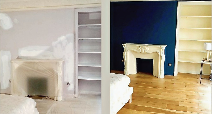 Rénovation d'intérieur avec peinture bleu marine, moulures et cheminée en marbre : avant et après travaux par Decostayl à Paris et IDF