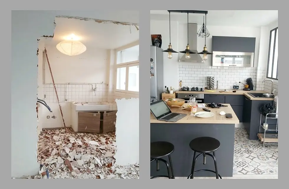 Transformation spectaculaire d'une cuisine grâce à une rénovation complète, passant d'un espace en chantier à un intérieur moderne et élégant. Photo comprend l'Avant et Après.