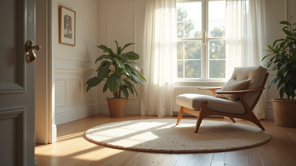 Eye-level view of a peaceful indoor space with a soft armchair