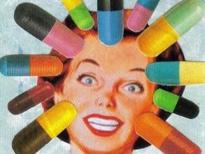 happy girl face surrounded by pills