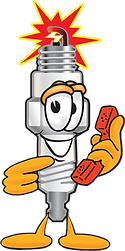 Sparky talking on a red landline phone