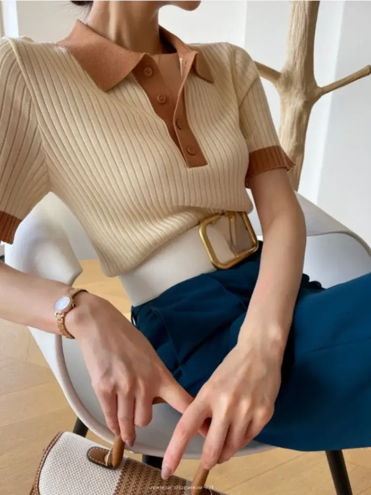 Fashion Summer T-shirts for Women Slim Fit Polo Women's T-shirt Collar Knitted I