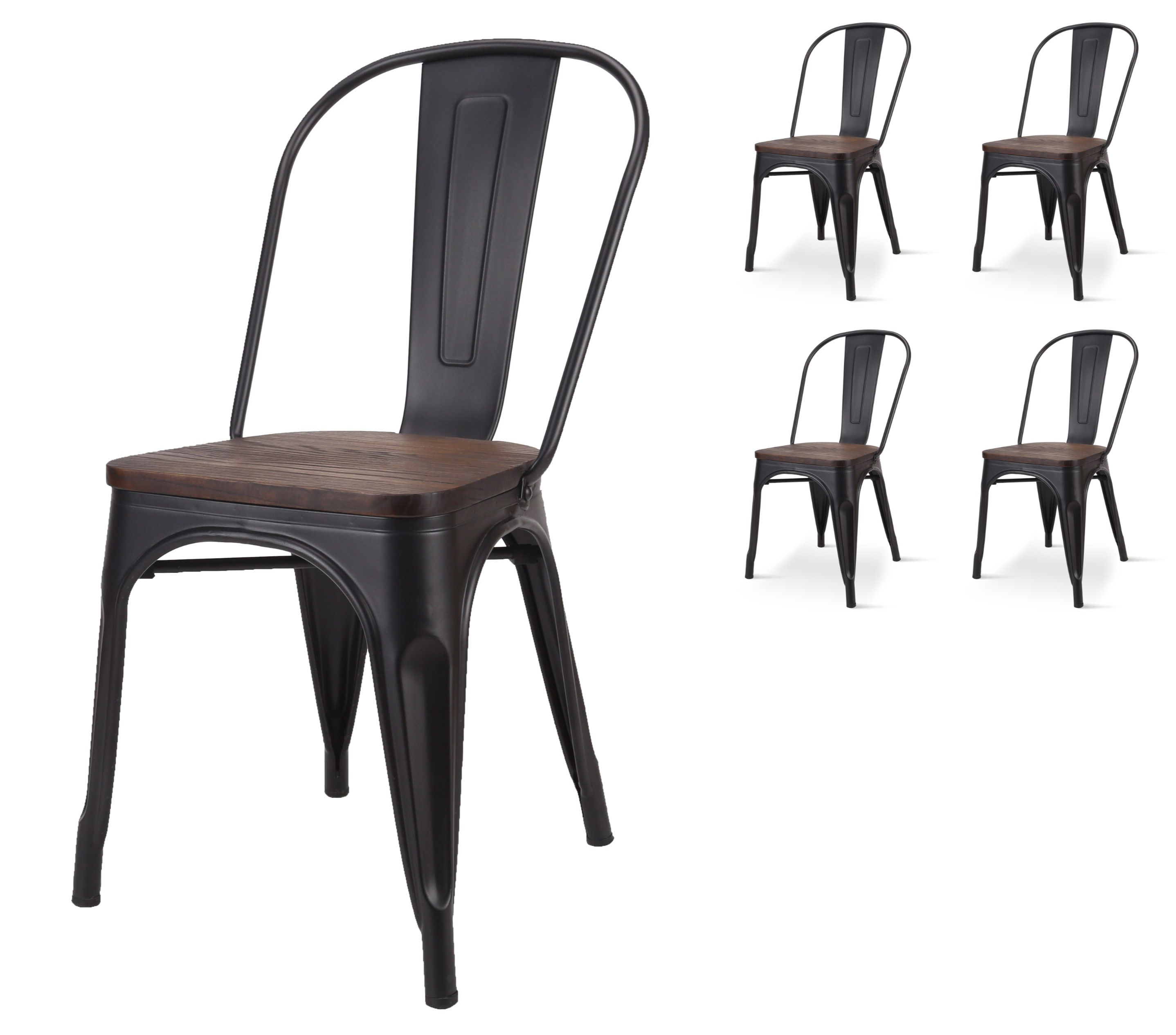 Lot de 4 chaises industrielles en métal noir mat et assise en bois foncé