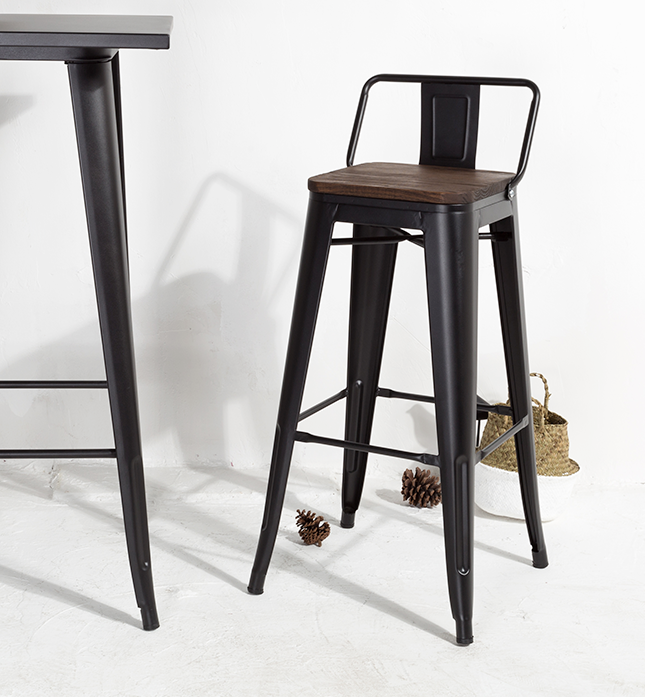 Miniature : Chaise de bar de style industriel Métal noir et assise bois foncé dossier h76