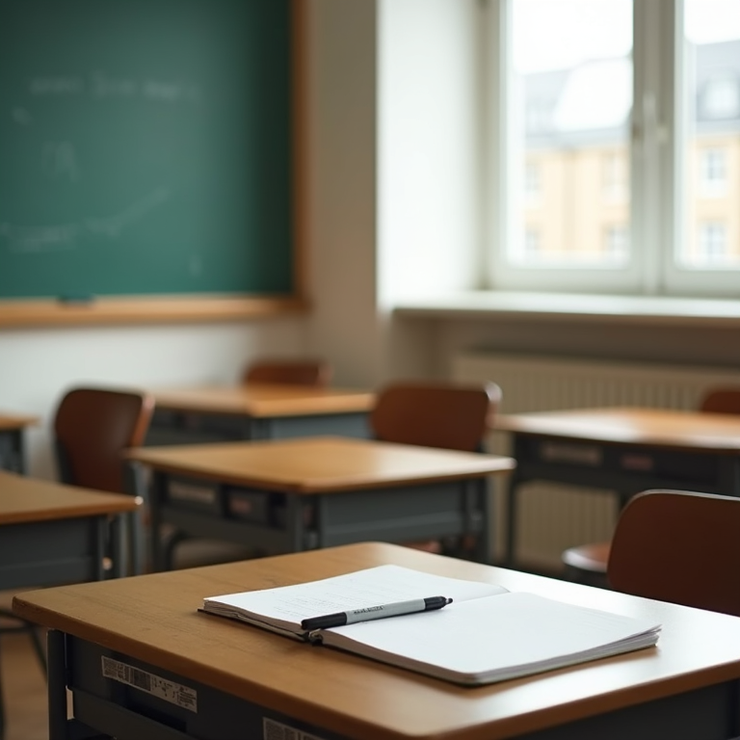 Classroom desk with learning materials and notebook