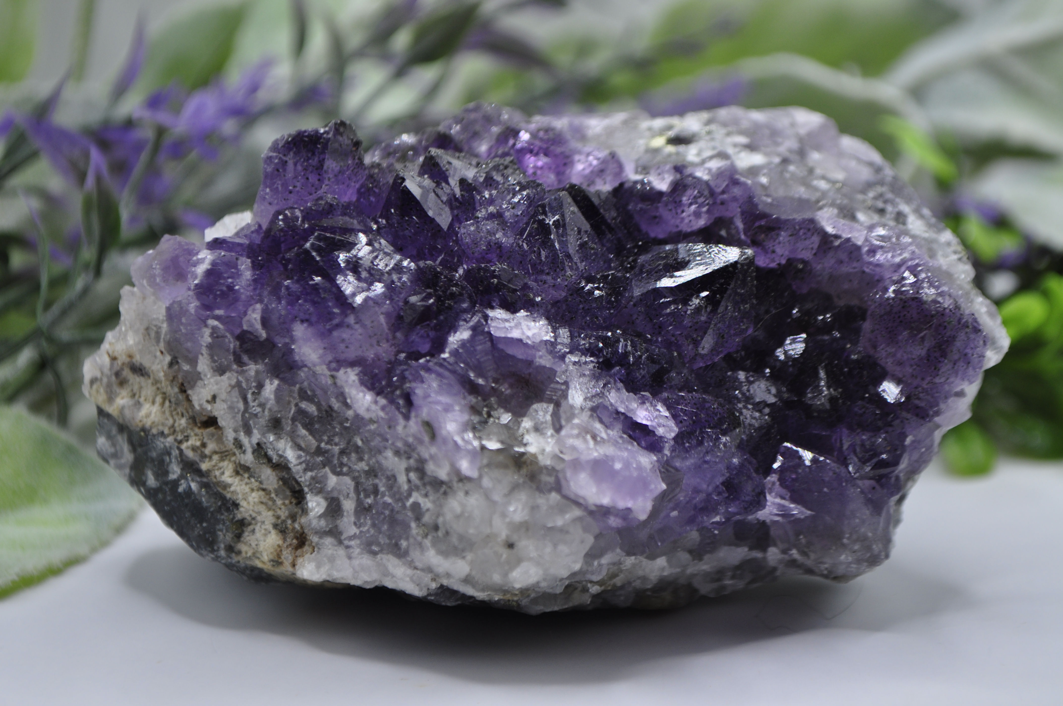 Amethyst x Pyrite over Fluorite