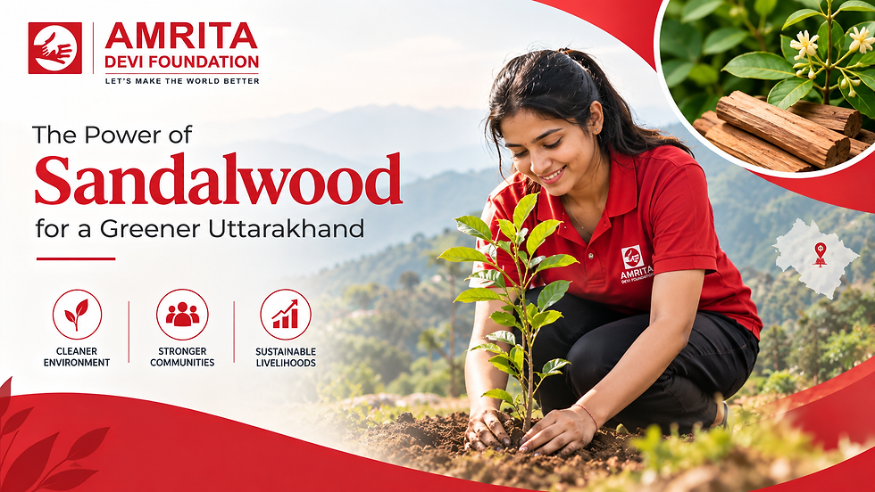 Woman in red Amrita polo plants a sapling in mountains; poster says The Power of Sandalwood for a Greener Uttarakhand
