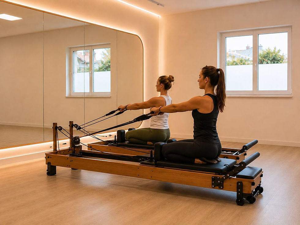 Vista a livello degli occhi di una sala Pilates luminosa con tappetini e attrezzi
