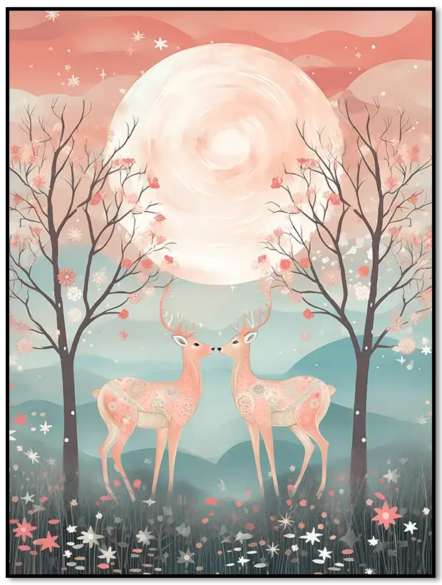 Kinderzimmer-Poster: Zwei Rehe unter grossem Mond in blühendem Wald