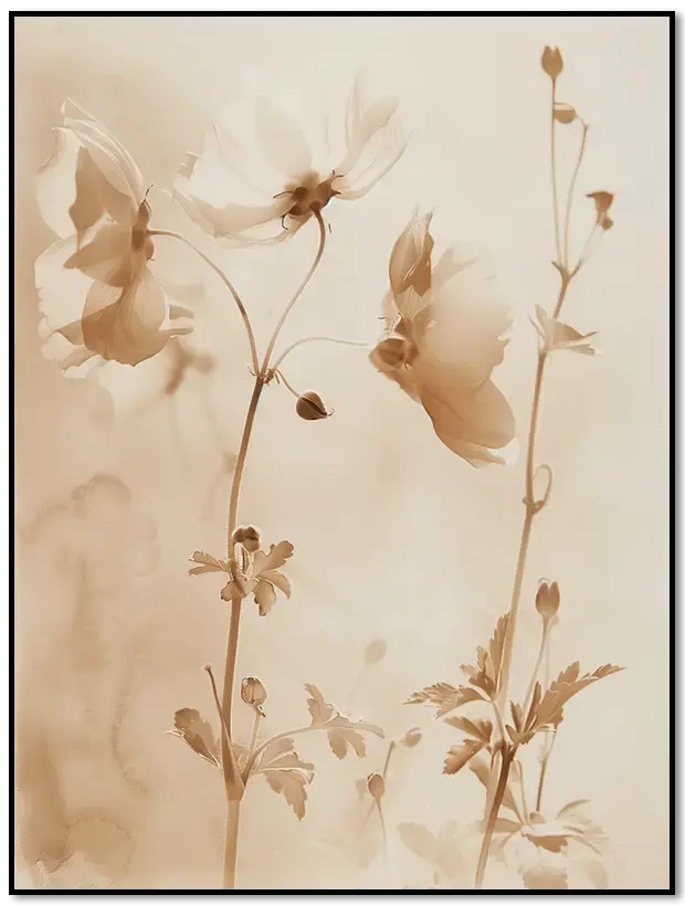 Botanik-Poster: Blumen in Sepia auf hellem Grund