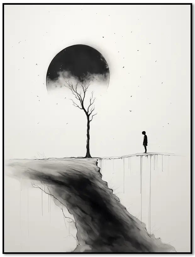 Wabi-Sabi-Poster: Einsame Figur und Baum vor großem Mond.