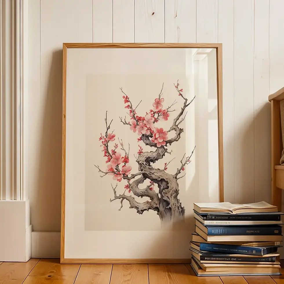 Kirschblüten-Poster: Knorriger Zweig mit rosa Kirschblüten.