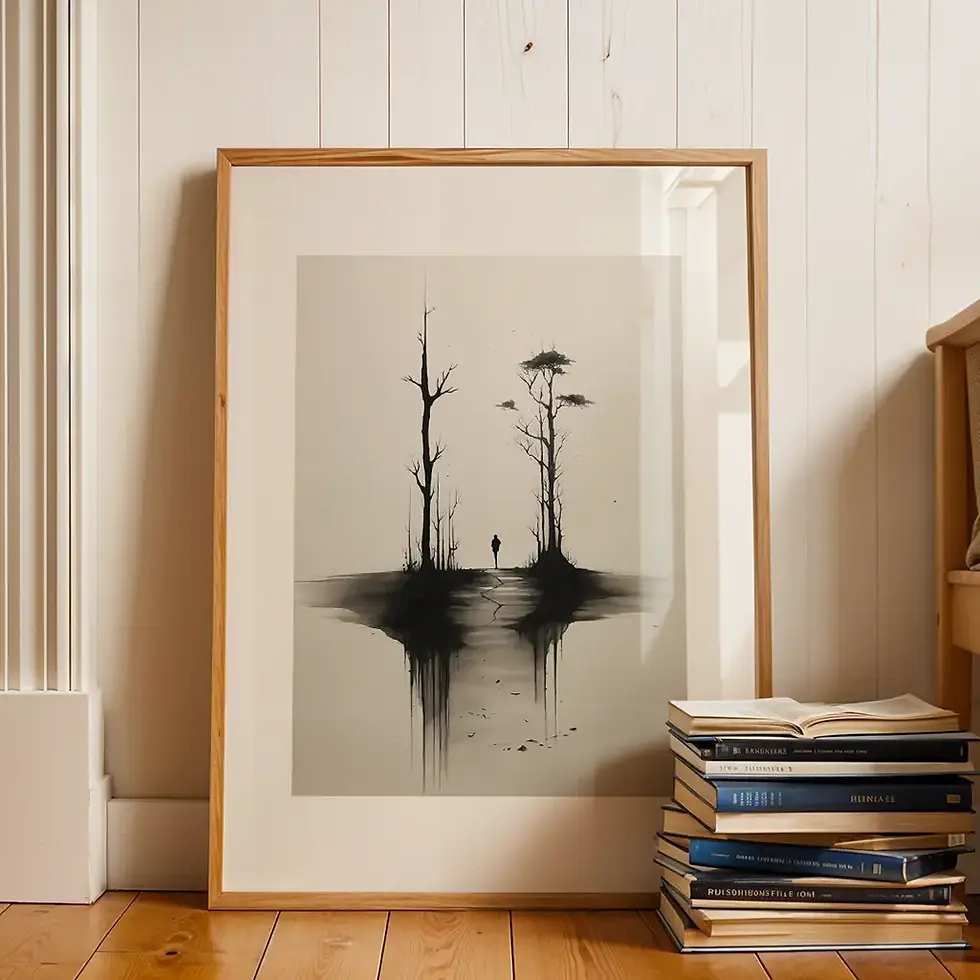 Wabi-Sabi-Poster: Figur wandert zwischen kargen Bauminseln.