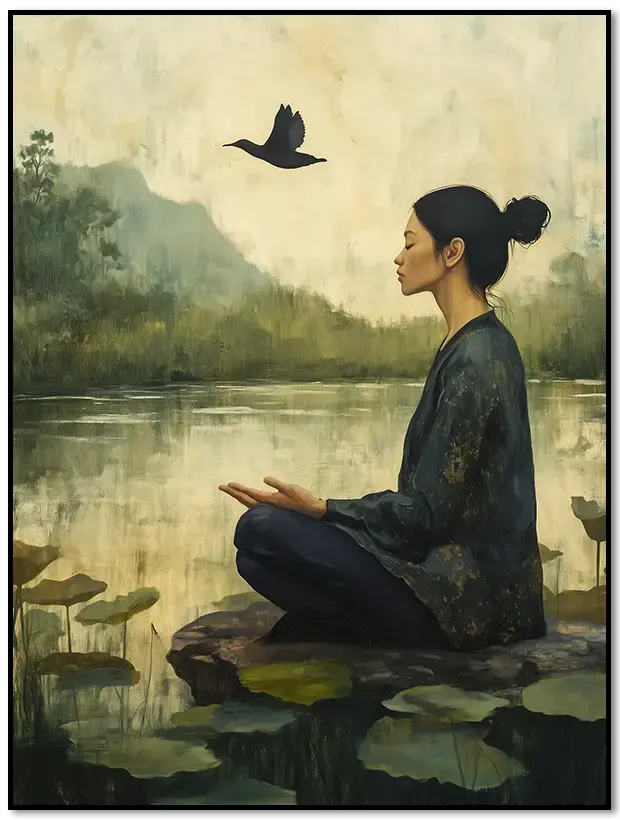Poster einer meditierenden Frau am See mit fliegendem Vogel. Symbol für Ruhe, Gelassenheit und Achtsamkeit.