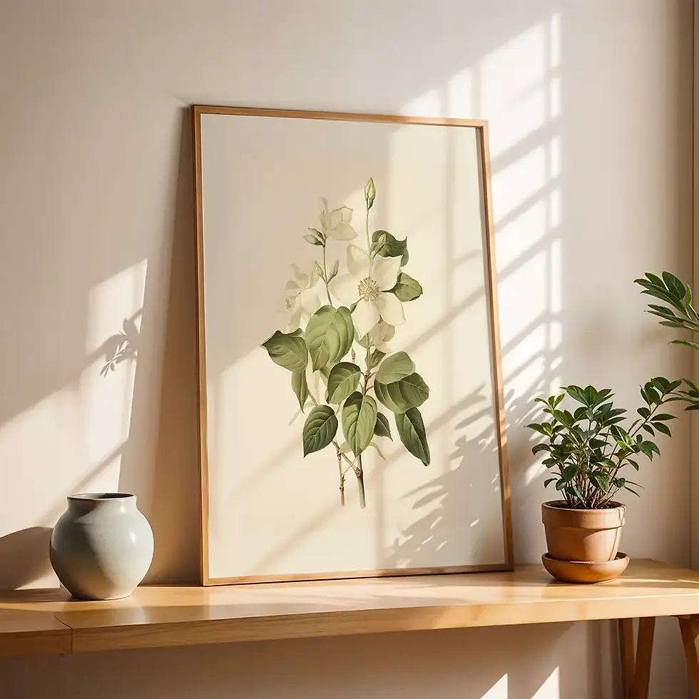 Botanik-Poster: Cremeweisse Blumen und grüne Blätter.