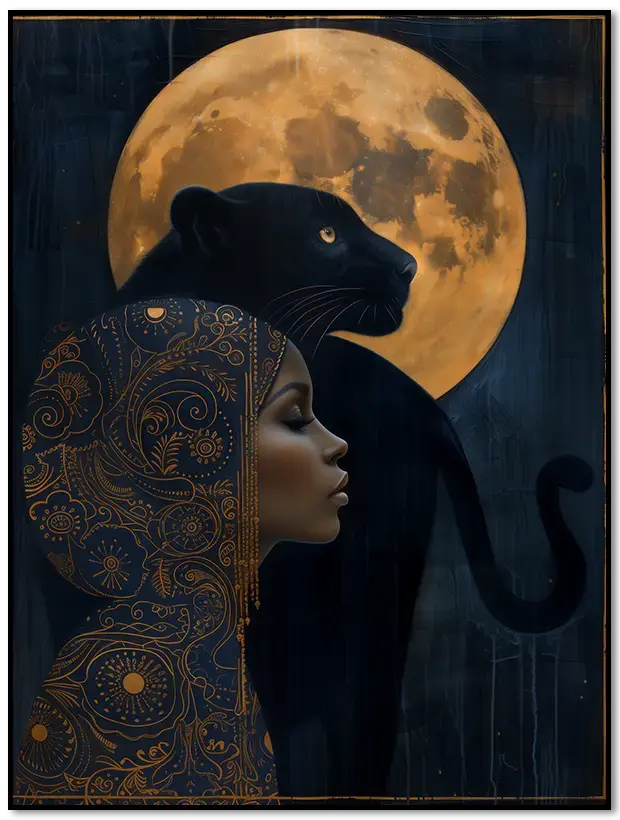 Panther-Poster: Frau und Panther vor Vollmond