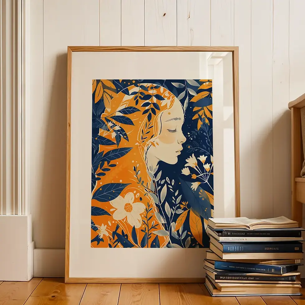 Porträt-Poster: Frau im Folk-Art Stil in den Farben Blau und Orange