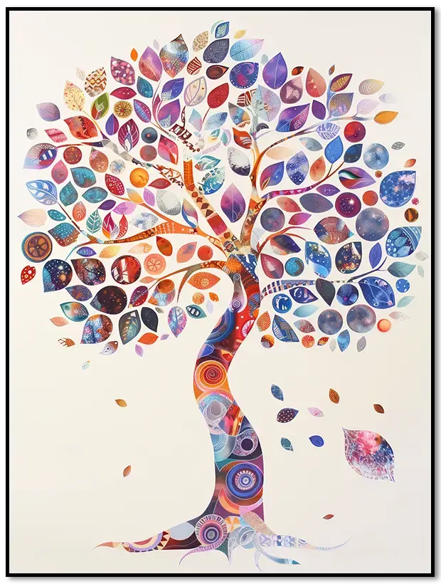 Lebensbaum-Poster: Bunter Baum mit dekorativen Blättern.