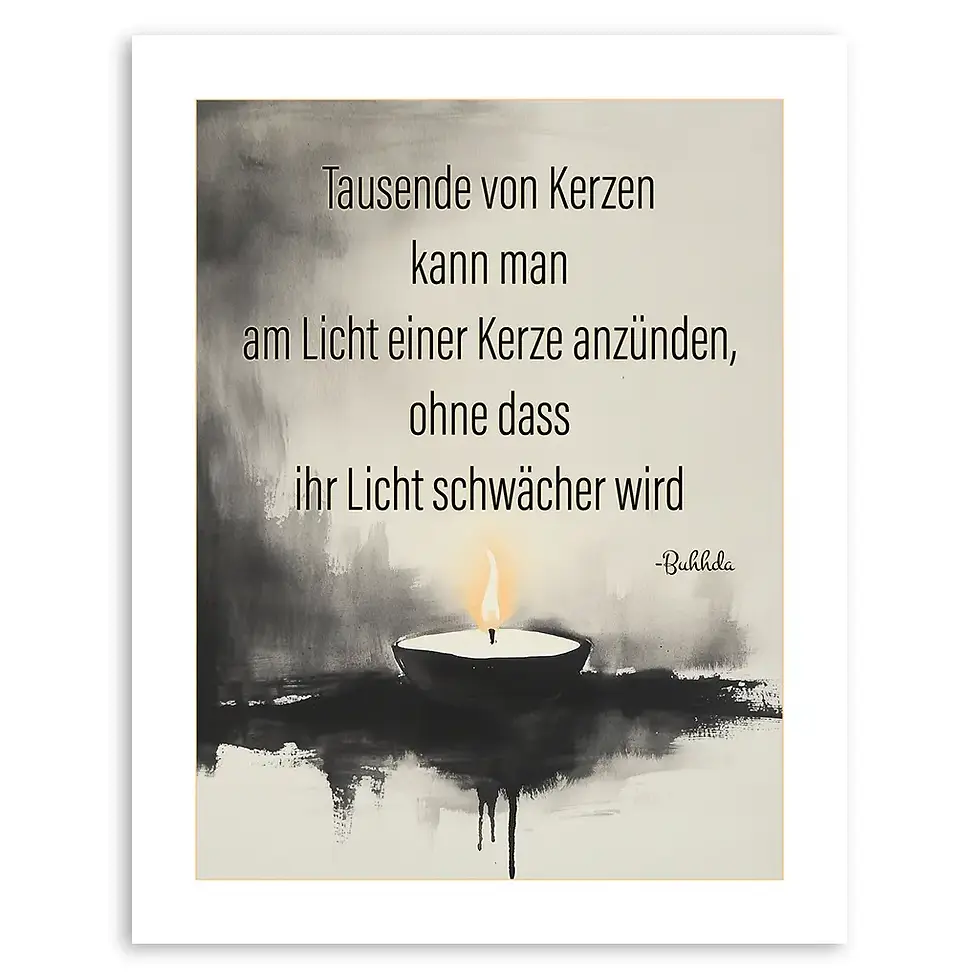 Zen-Zitate Poster mit Buddha-Zitat über das Teilen von Licht, illustriert mit einer brennenden Kerze.