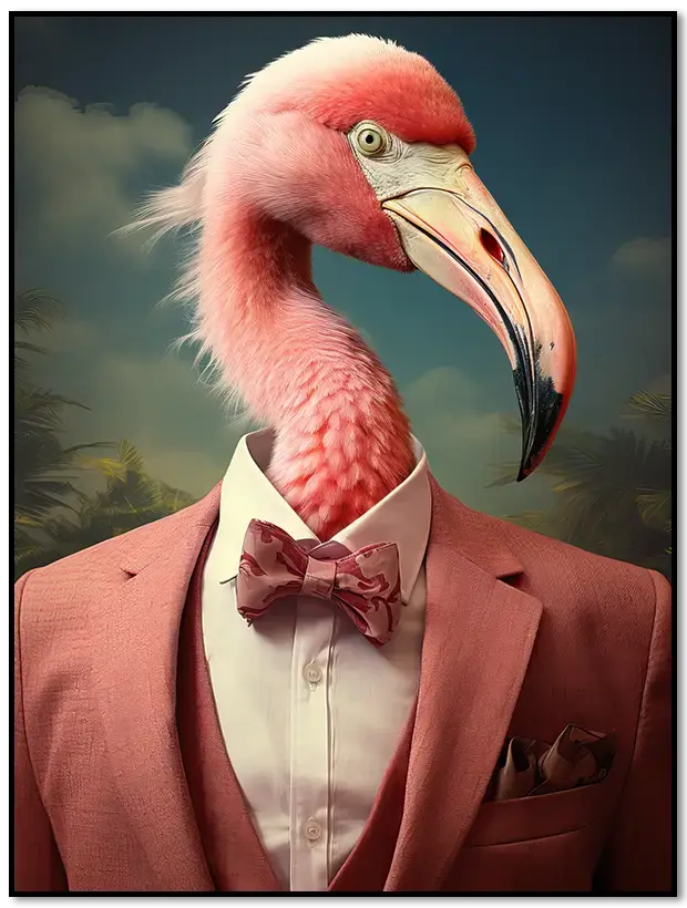 Flamingo-Poster: Ein Flamingo in einem rosa Anzug mit Fliege stellt einen ungewöhnlich eleganten Gentleman dar.