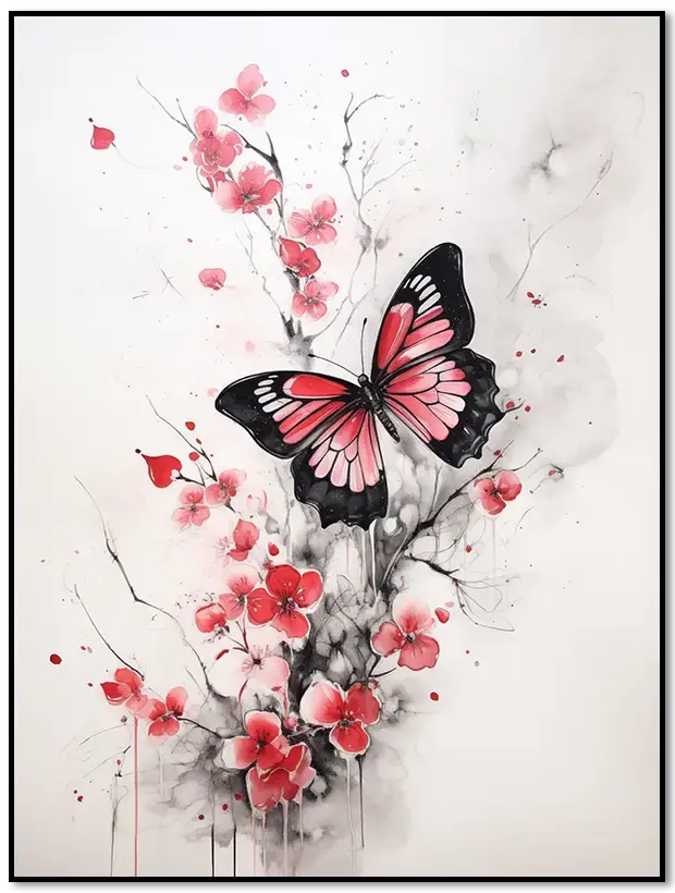 Sumi-e Poster: Schmetterling auf rosa Blüten, Sumi-e-Stil.
