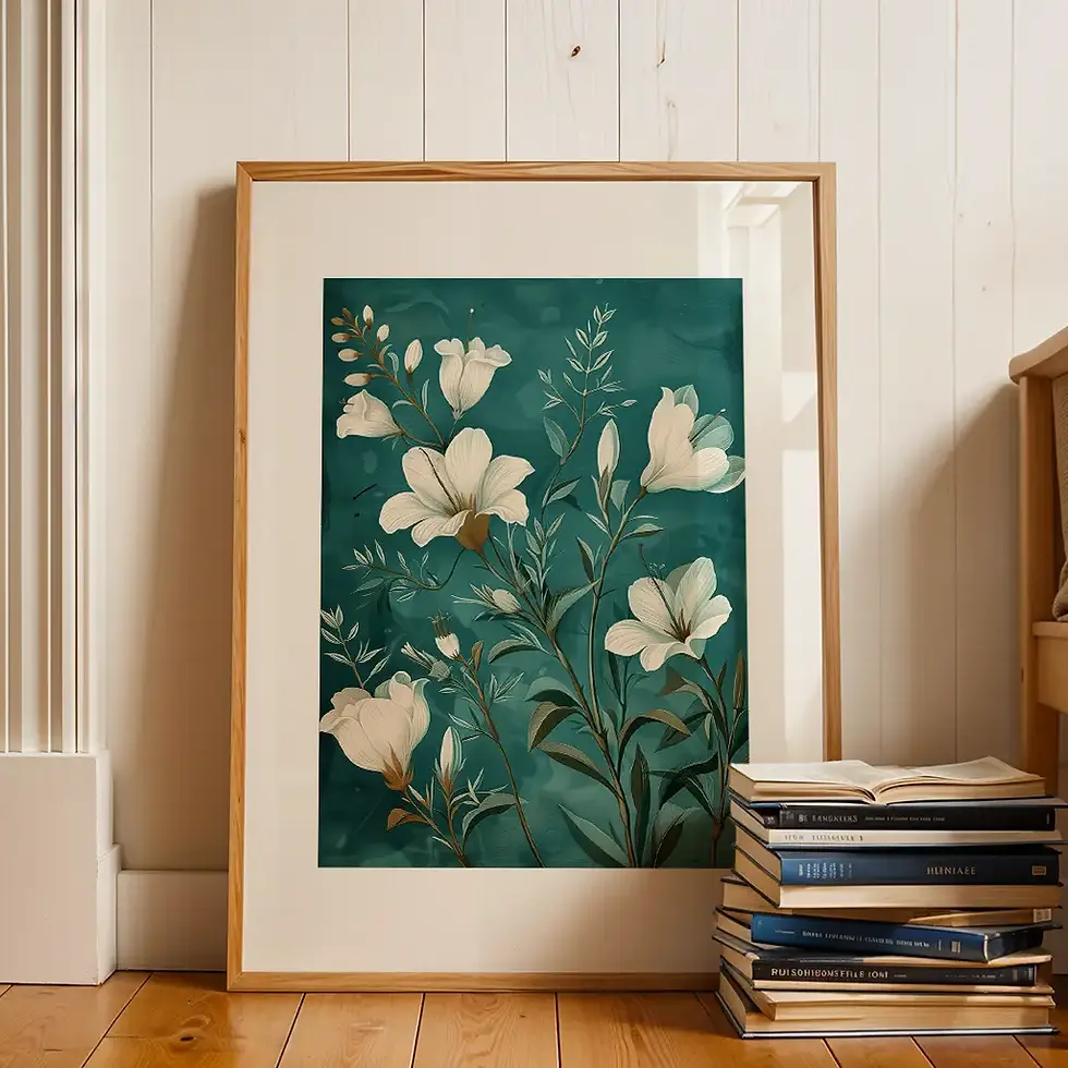 Blumen-Poster: Weisse Blumen auf türkisem Hintergrund.