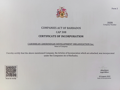 Certificate of Incorporation for the Caribbean Amerindian Development Organization Inc,. issued under the Companies Act of Barbados in 2022, including official crest and QR code.