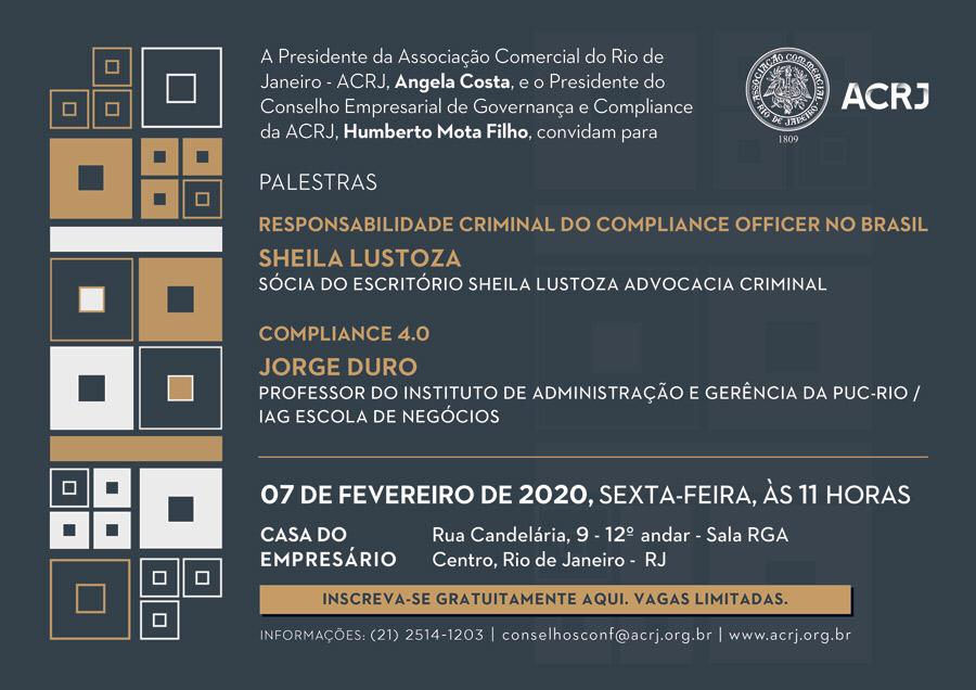 Palestra da Dra. Sheila Lustoza sobre "Responsabilidade Criminal do Compliance Officer" na ACRJ.