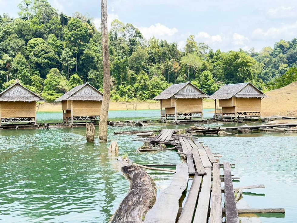Floating bungalows linked by a narrow timber walkway