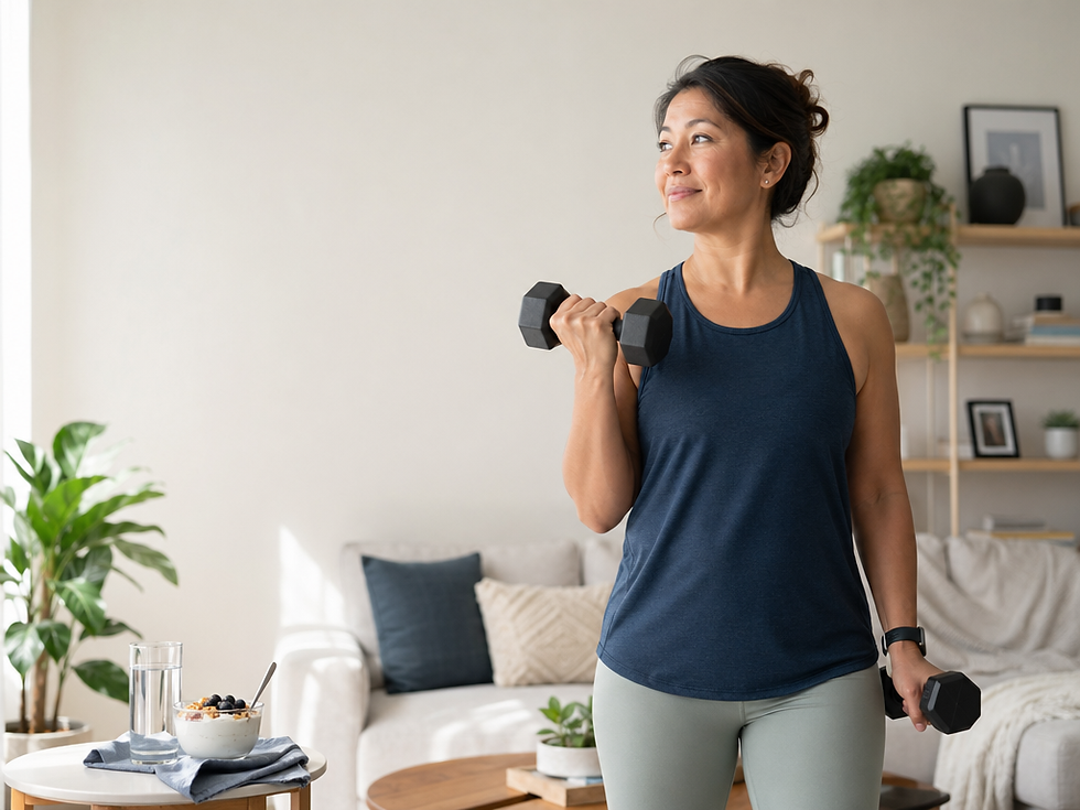a woman lifting weights in living room