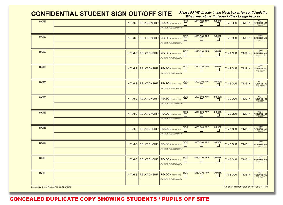 Thumbnail: Cherry Printers Carbonless Confidential Student  Sign Out Off Site Duplicate NCR Book A4 Wirobound Bottom Copy