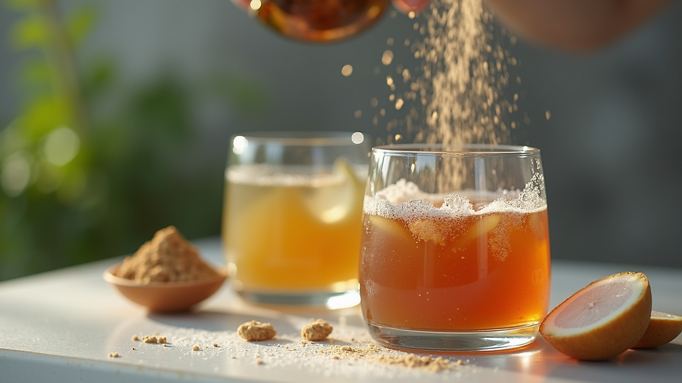 Close-up view of a glass of natural powdered drink being prepared with water
