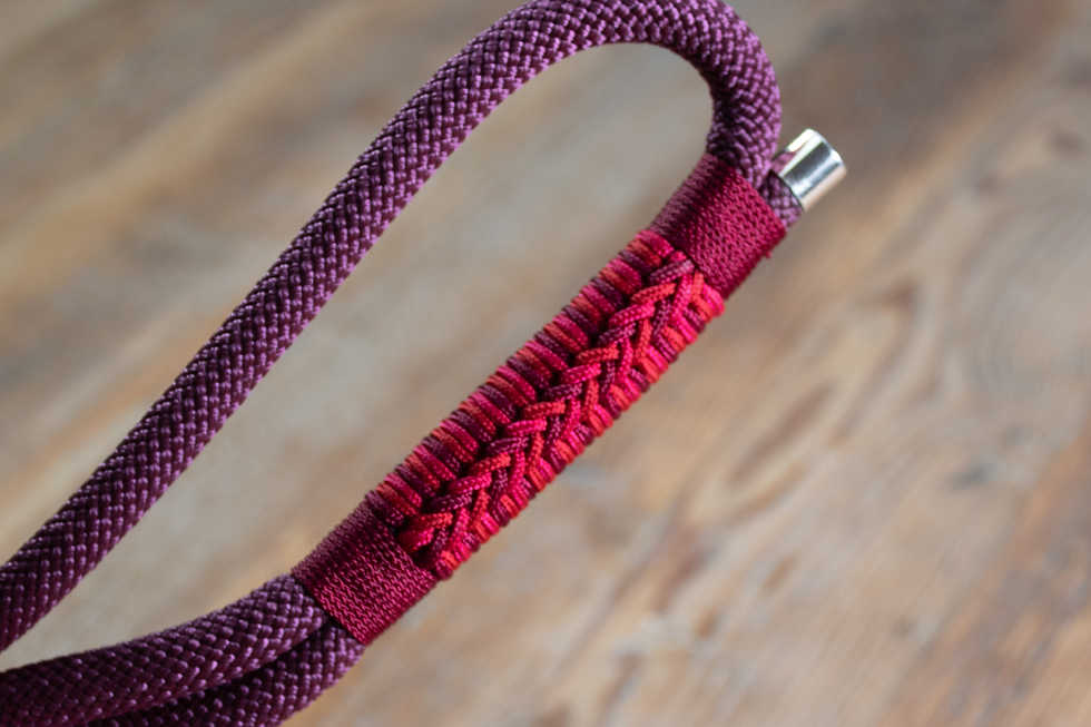 Close up of webbing on red dog leash