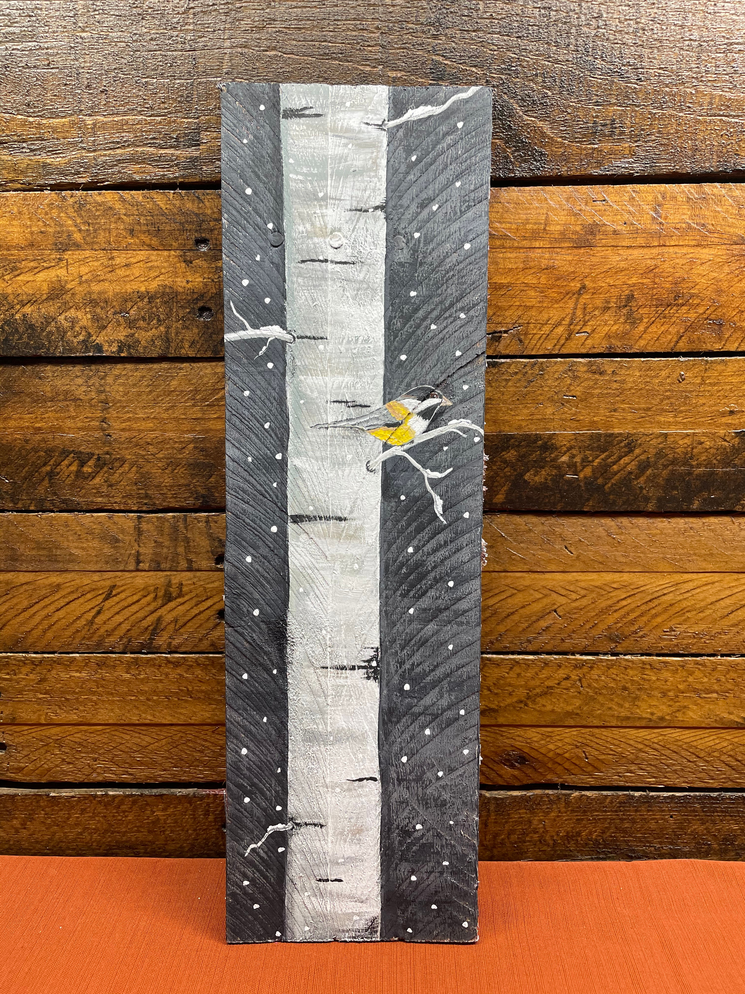 Winter Aspen/White Birch Tree with Black Capped Chickadee