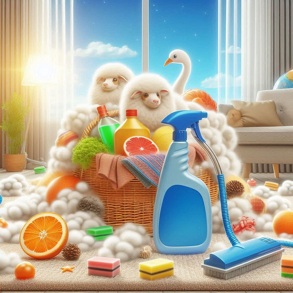 Sheep standing on carpet with cleaning materials for carpet